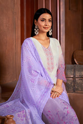 Lavender Organza Printed Lace Salwar Suit With Pant Dupatta